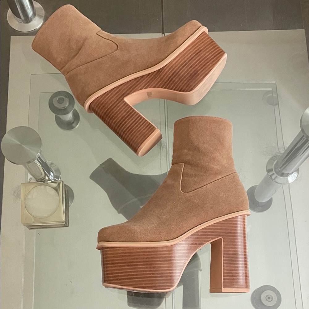 Light camel 5” platform ankle boots side zipper rare vintage Japan 7.5~8